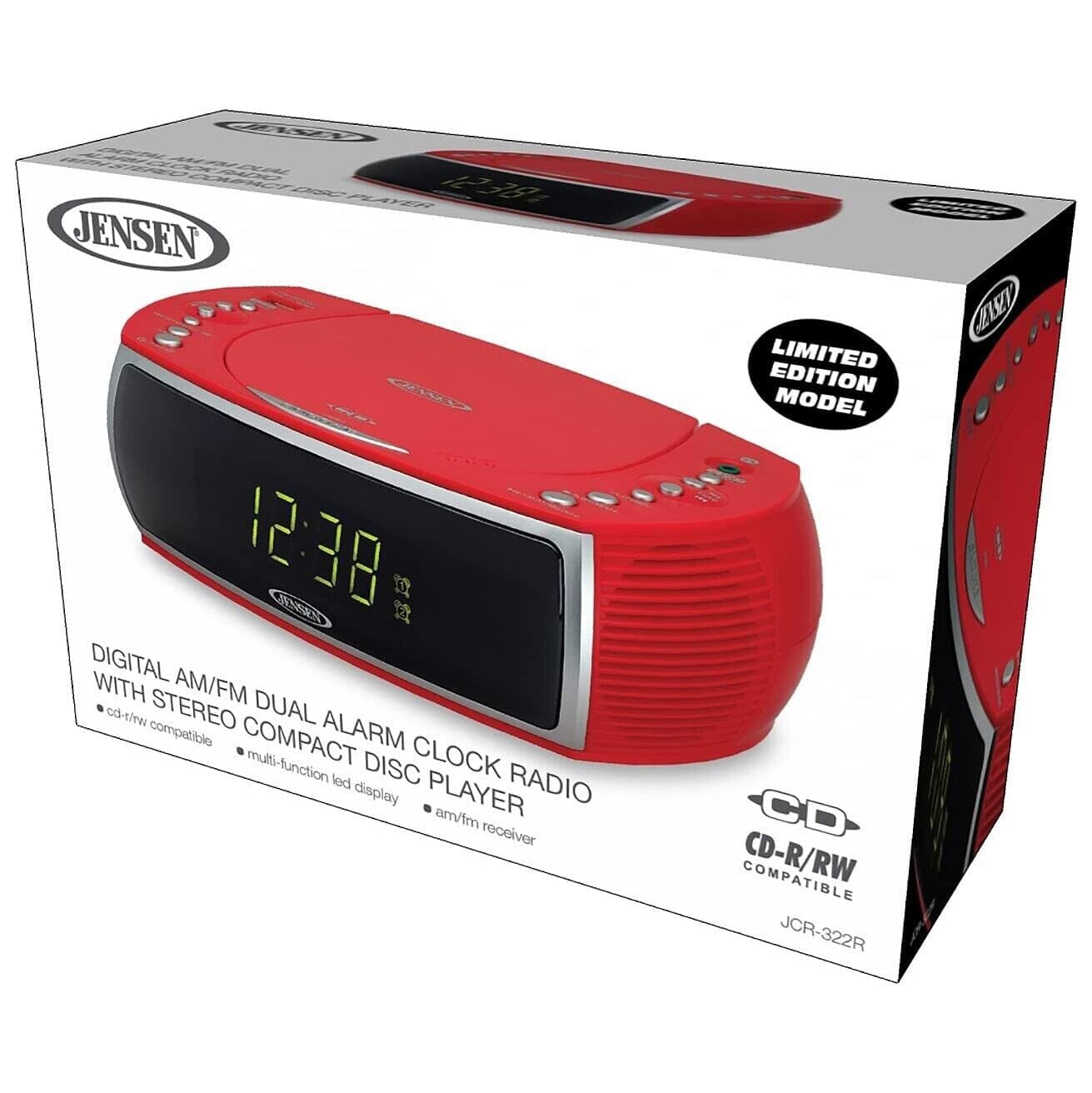 Jensen JCR-322R Modern Home CD Tabletop Stereo Clock Digital Display AM/FM Radio CD Player Dual Alarm Clock (Red) Many Kinds Of Sale Online