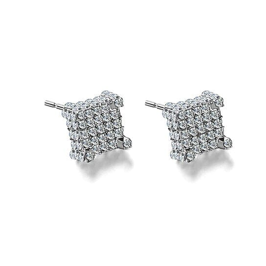 Silver Micro Pave Stud Earrings Clear Square 3D Sidestones Outlet Affordable