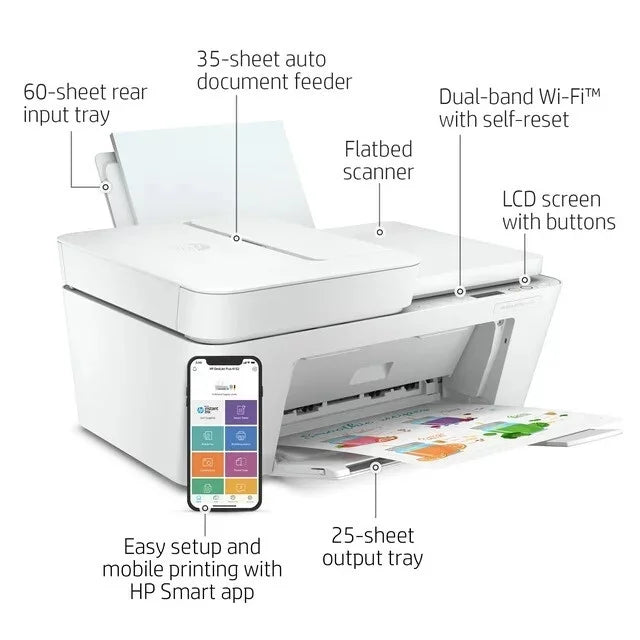 HP DeskJet Plus 4152 Wireless All-in-One Color Inkjet Printer (White) - Refurbished Free Shipping Nicekicks