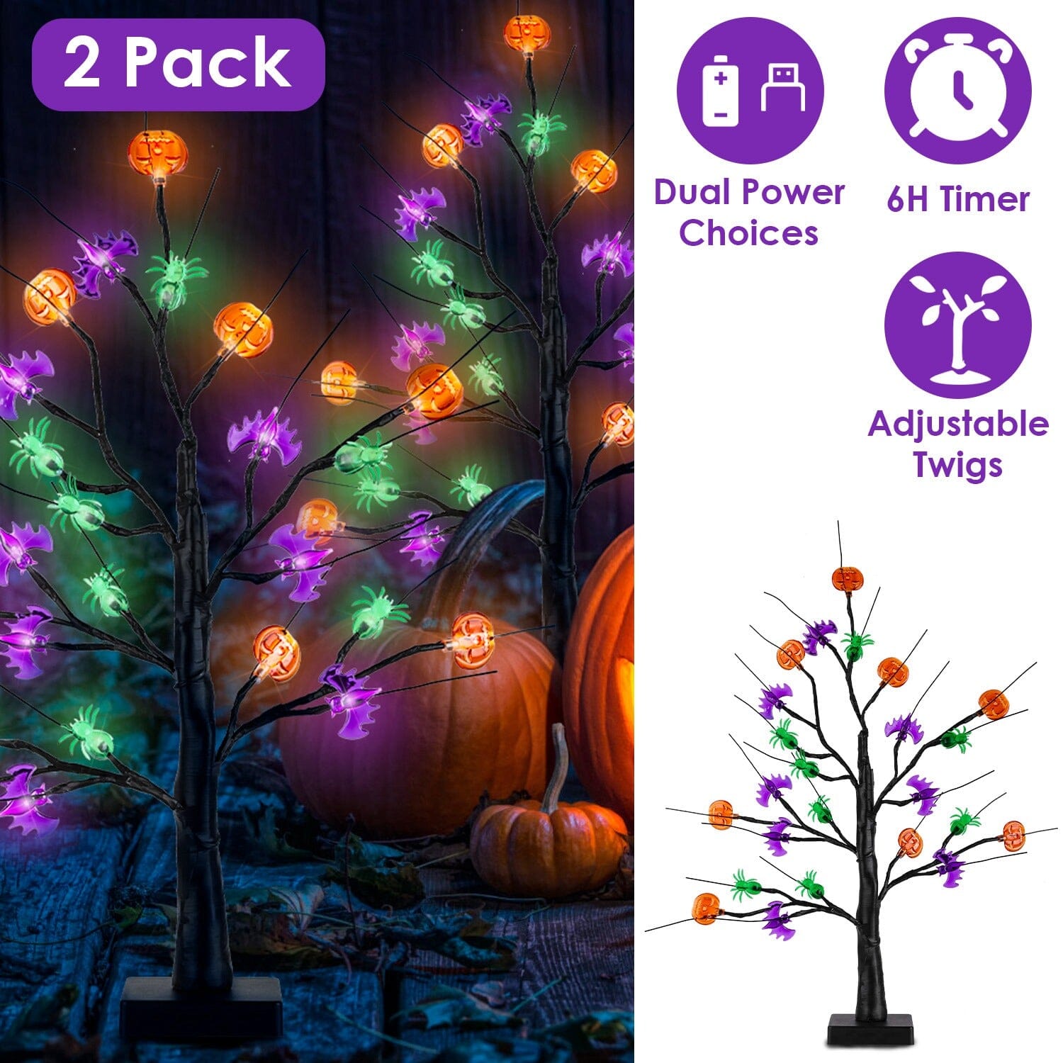 2-Pack: Lighted Halloween Trees with Timer and Adjustable Twigs Discount Nicekicks