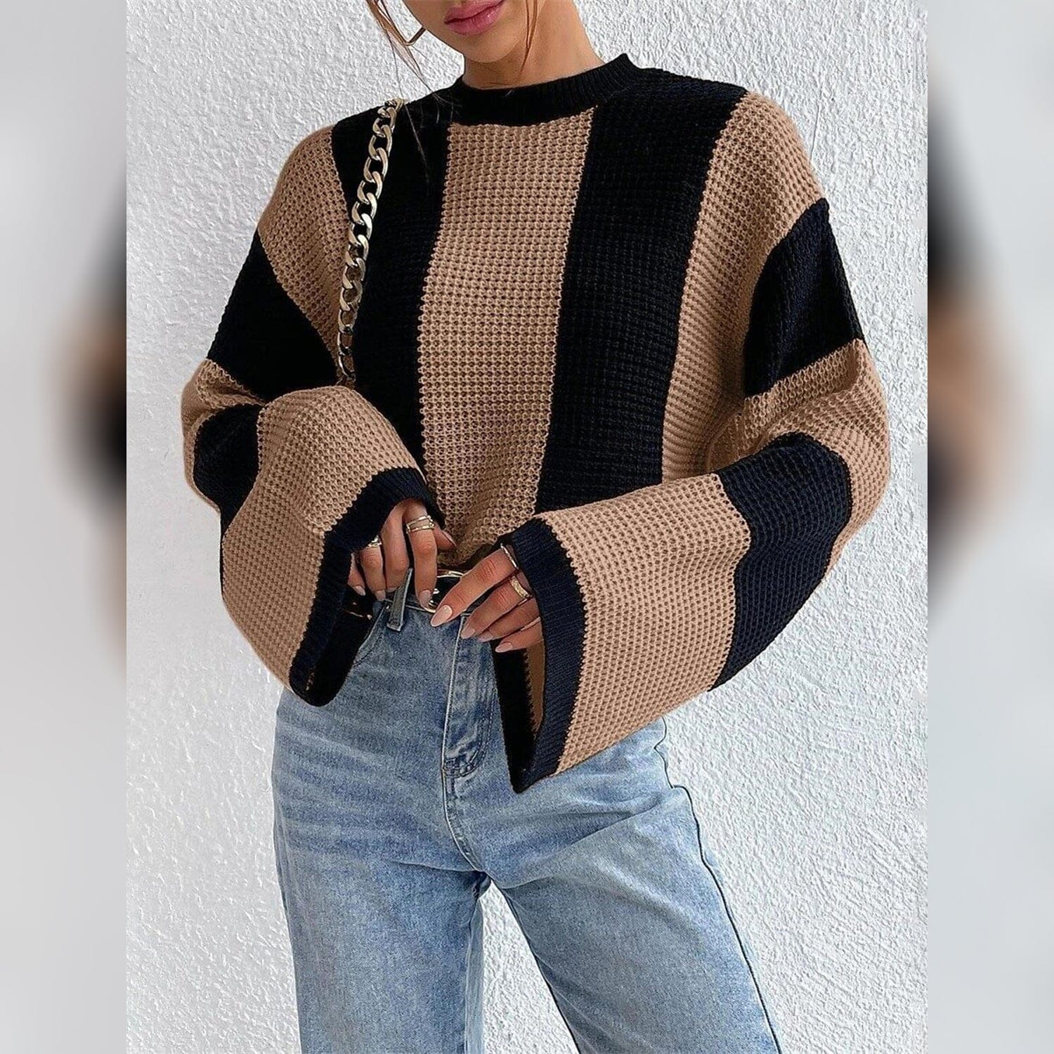 Women's Pullover Ribbed Knit Patchwork Striped Sweater Sale Low Cost