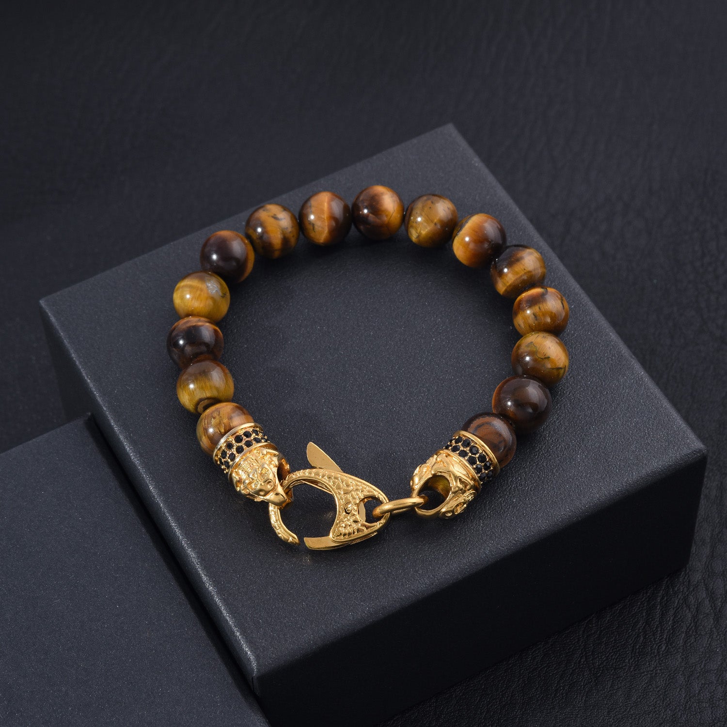 Genuine Tiger Eye Stainless Steel Beaded Bracelet with Black Cubic Zirconia Shop Offer For Sale