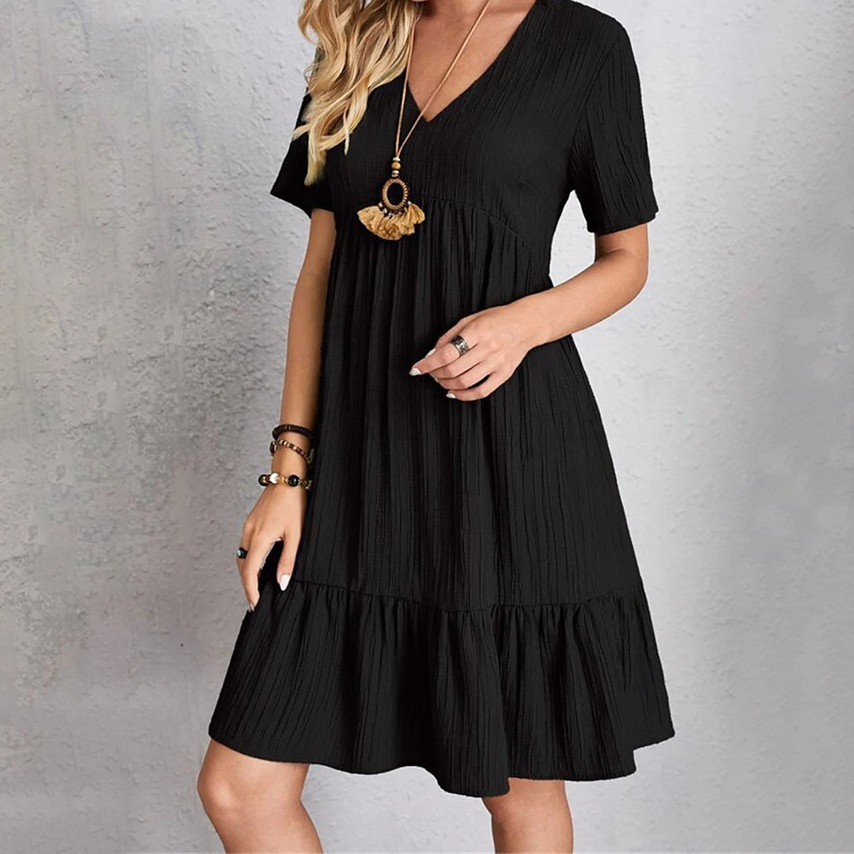 Women's Casual Dress Ruffle V Neck Midi Shift Dress Recommend Online