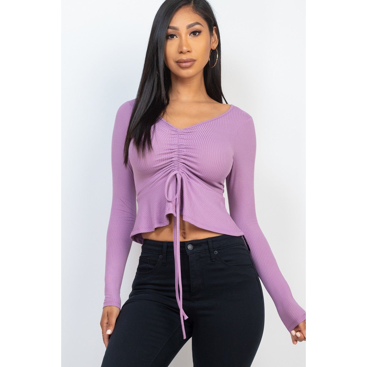 Ribbed Drawstring Front Long Sleeve Peplum Top For Sale Cheap Pice From China
