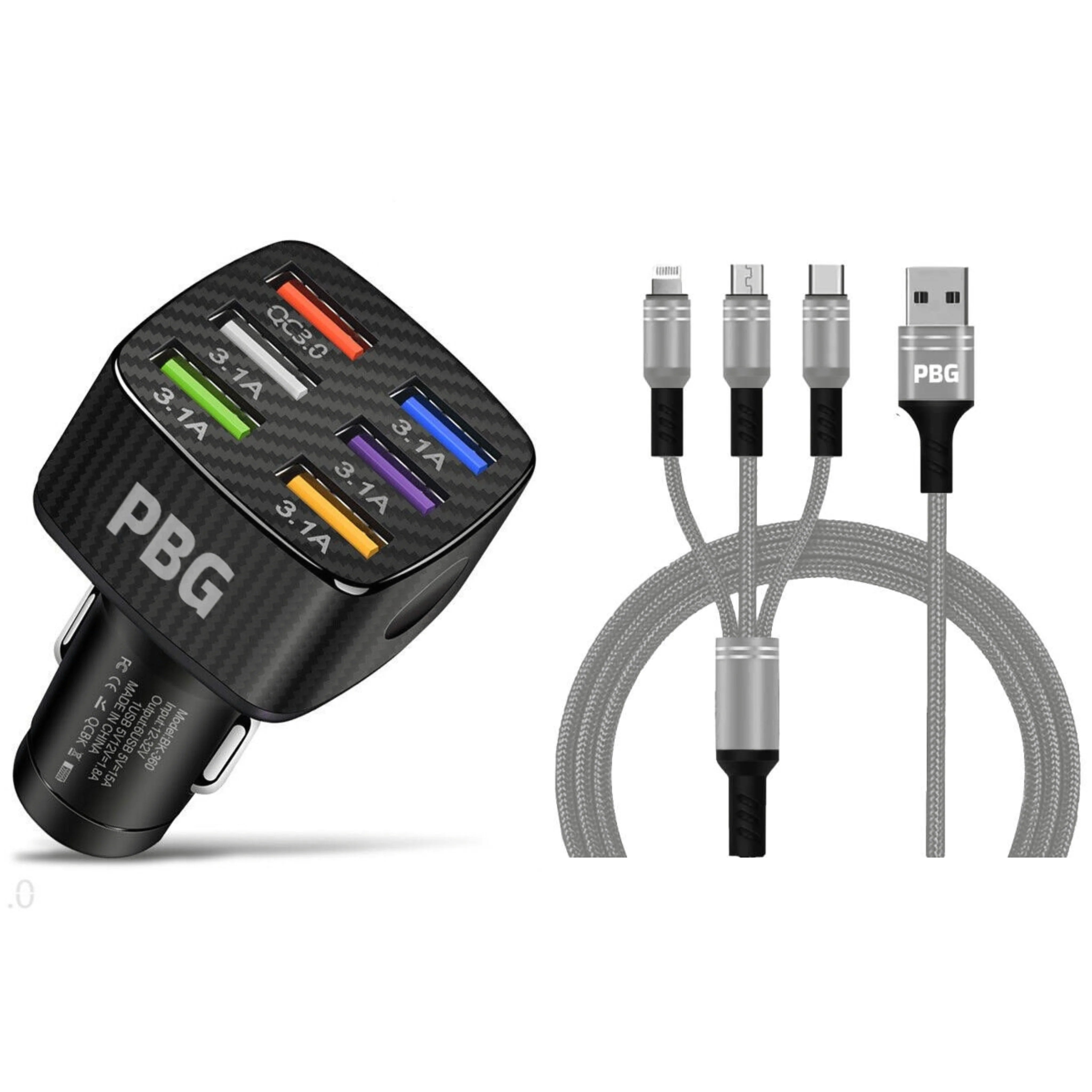 PBG Black LED 6 Port Car Charger and 4FT- 3 In 1 Cable Combo Buy Cheap 2025