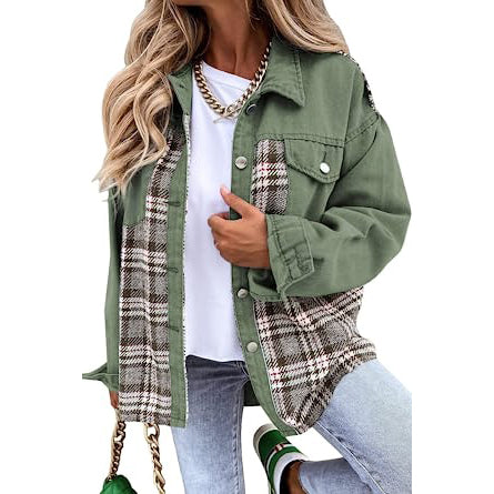 Women's Denim Jacket Long Sleeve Plaid Button Down Shirts Shacket Discount Pices