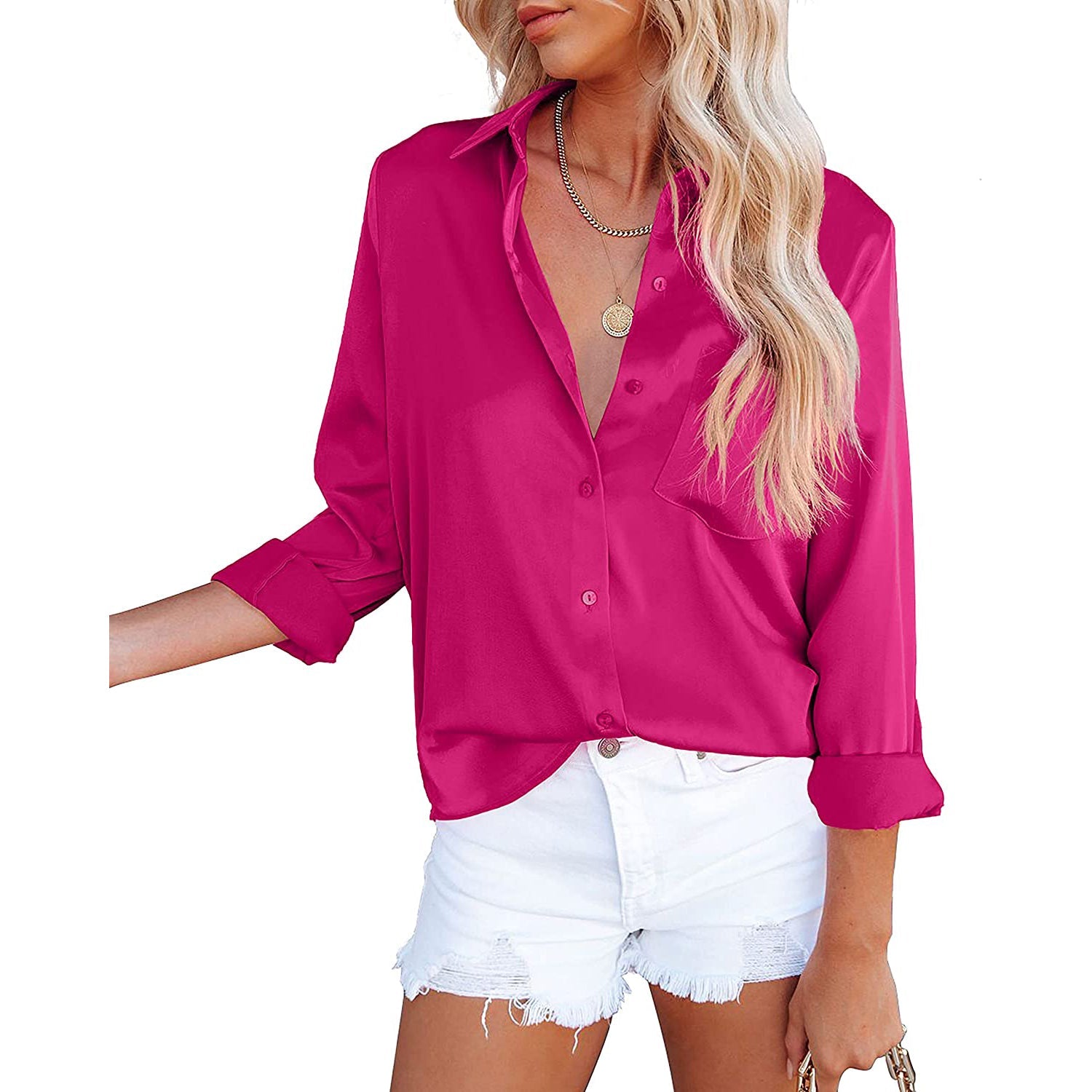 Women's Button Down Shirts Satin V Neck Long Sleeve For Nice Cheap Online