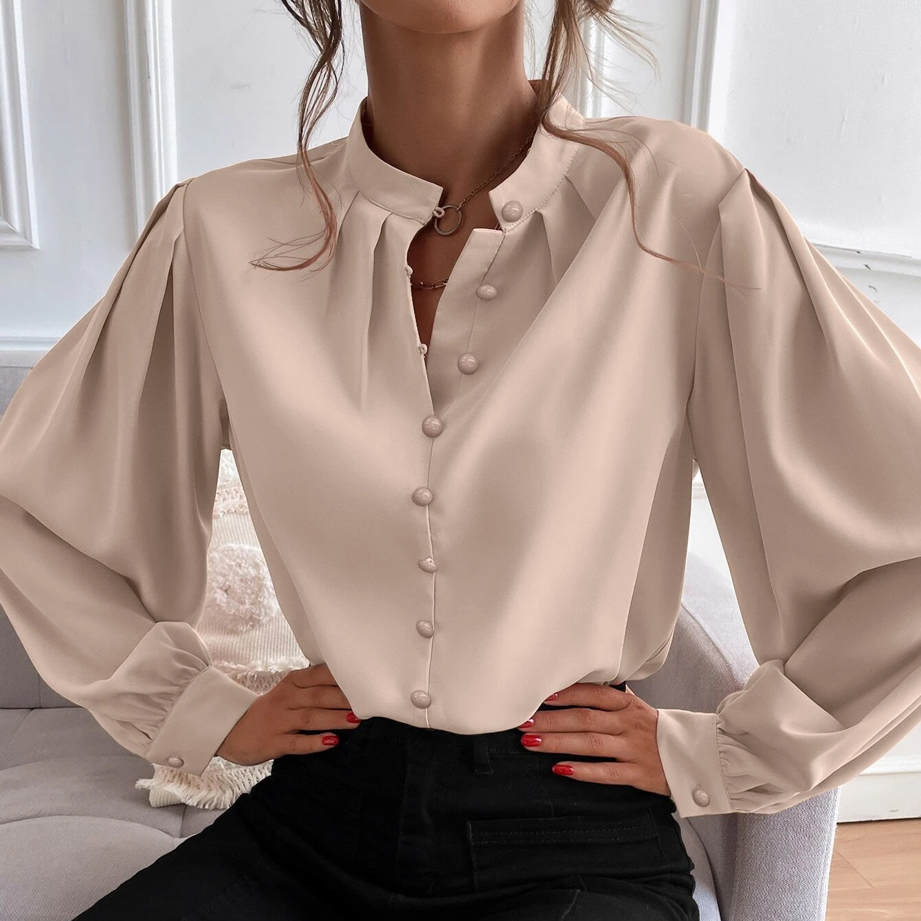 Bishop Sleeve Button Up Blouse Sale Sast