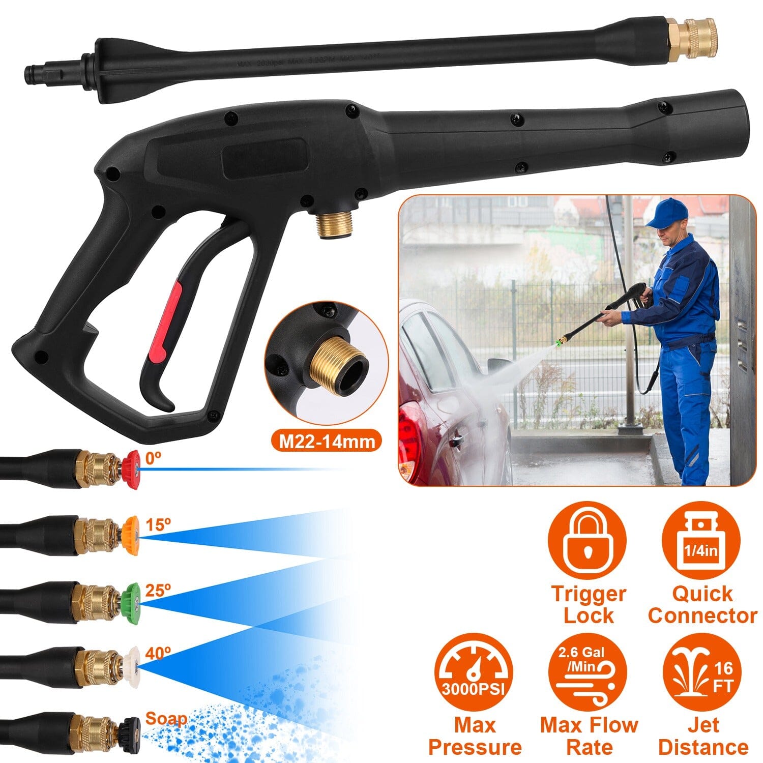 3000PSI Pressure Washer Gun Car Foam Sprayer with Jet Wand 5 Nozzle Tips M22-14 Connector In China Cheap Online