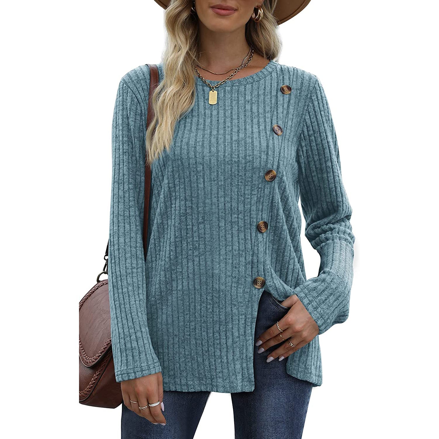 Women's Long Sleeve Crew Neck Tunic Tops Buttons Side Outlet Amazon