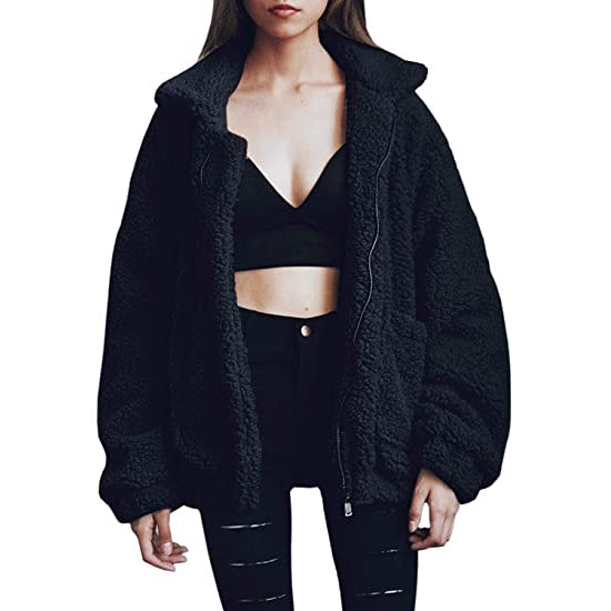 Women's Casual Lapel Fleece Fuzzy Faux Shearling Zipper Coat Outlet Brand New Unisex