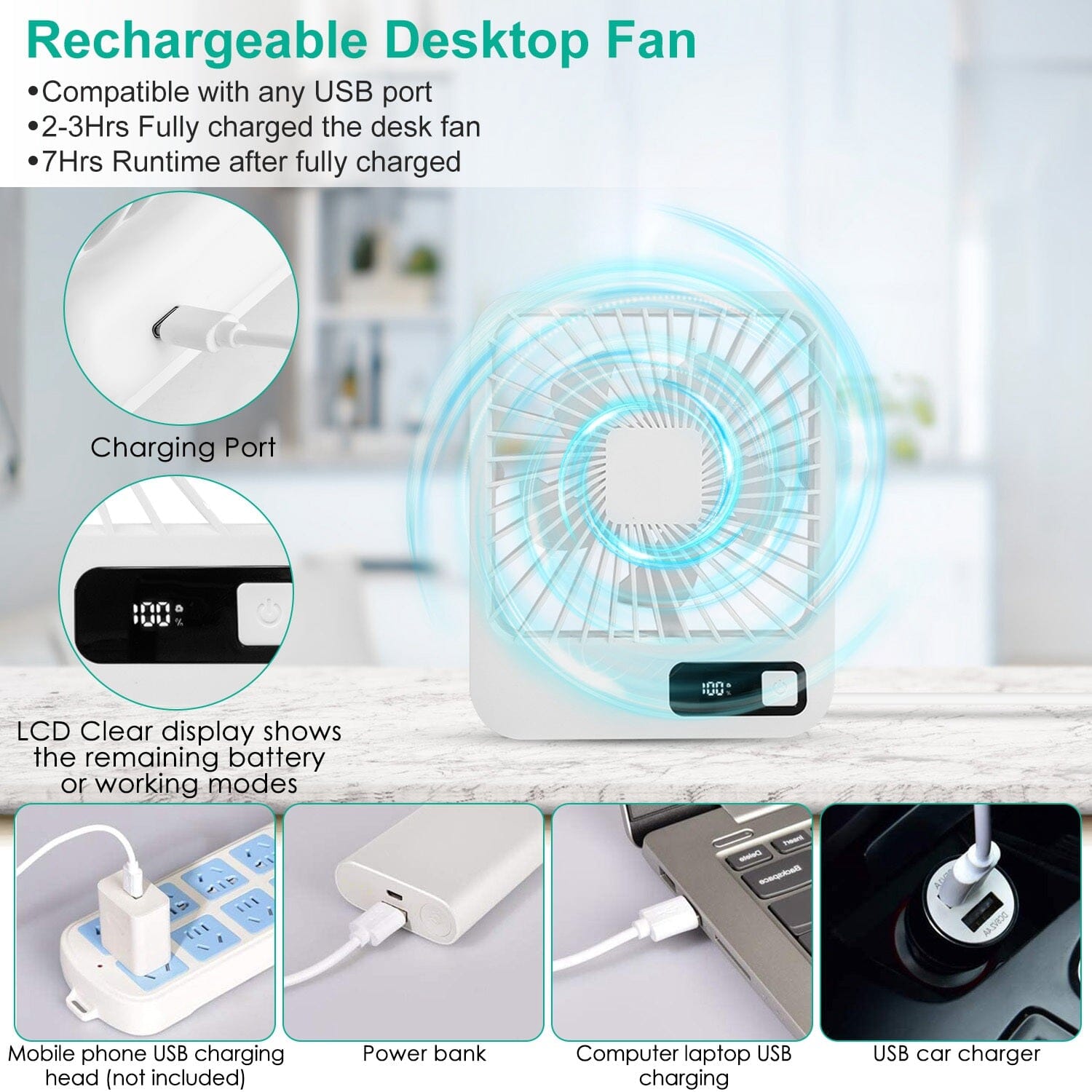 Mini Desktop Cooling Fan Rechargeable Battery Powered with LCD Display Outlet 100% Authentic