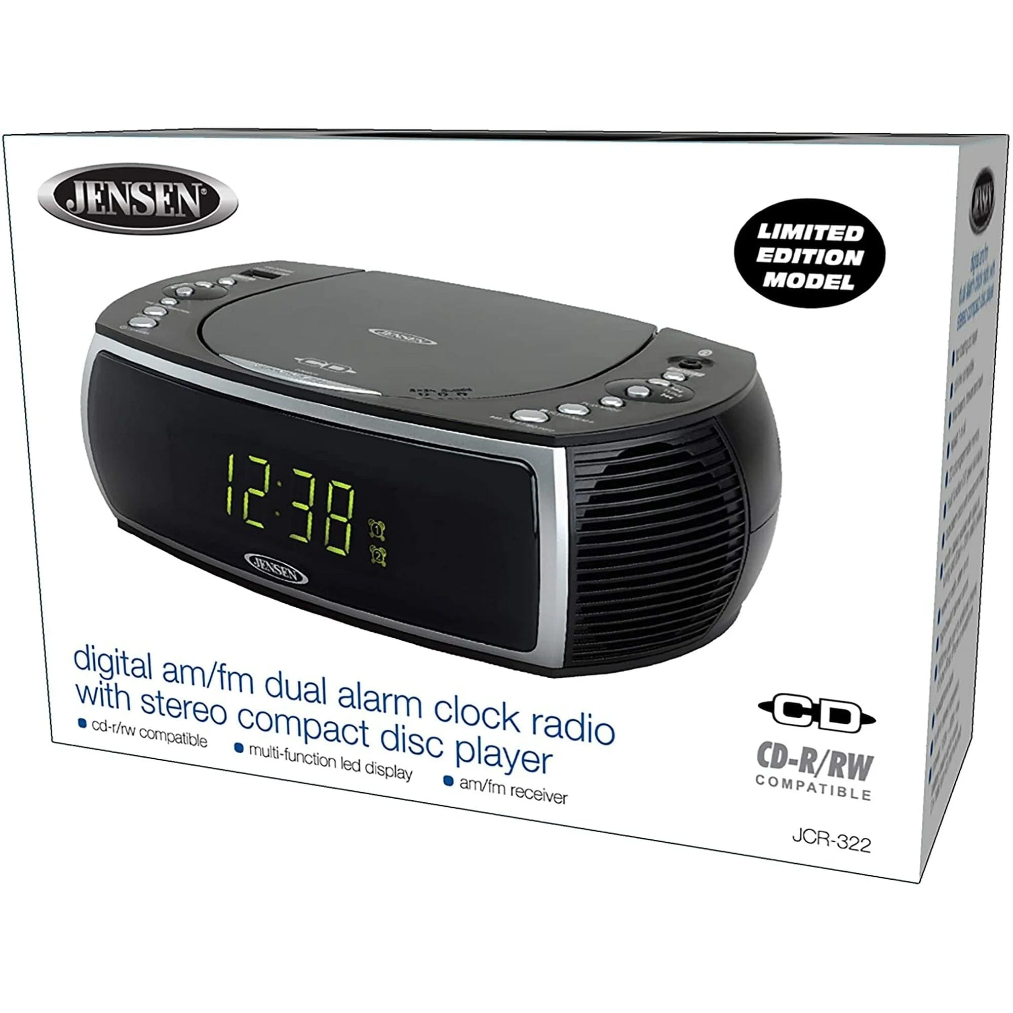 Jensen JCR-322 Modern Home CD Tabletop Stereo Clock Digital AM/FM Radio CD Player Dual Alarm Clock - Black Brand New Unisex