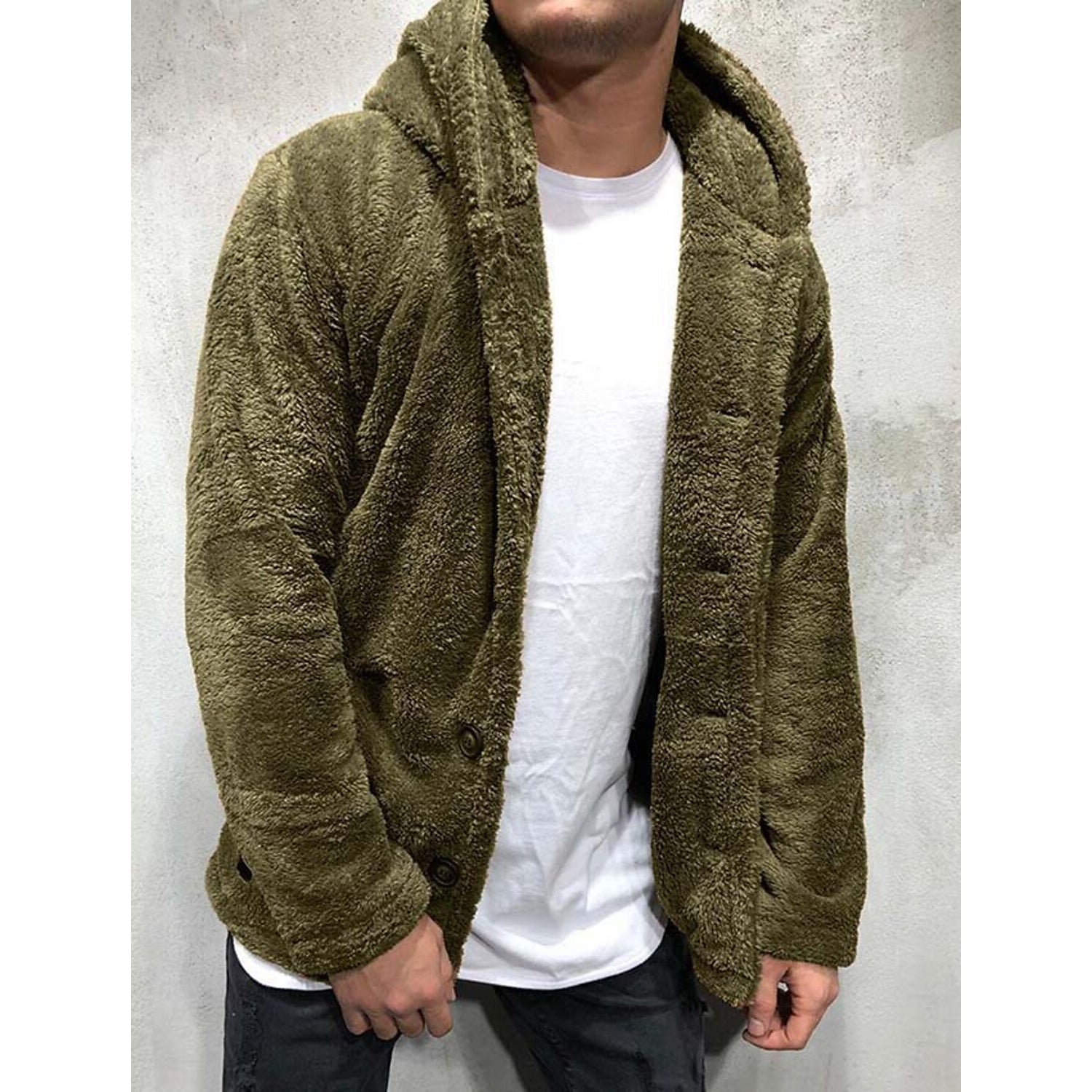 Men's Fuzzy Sherpa Hooded Solid Coat Cheap Shop