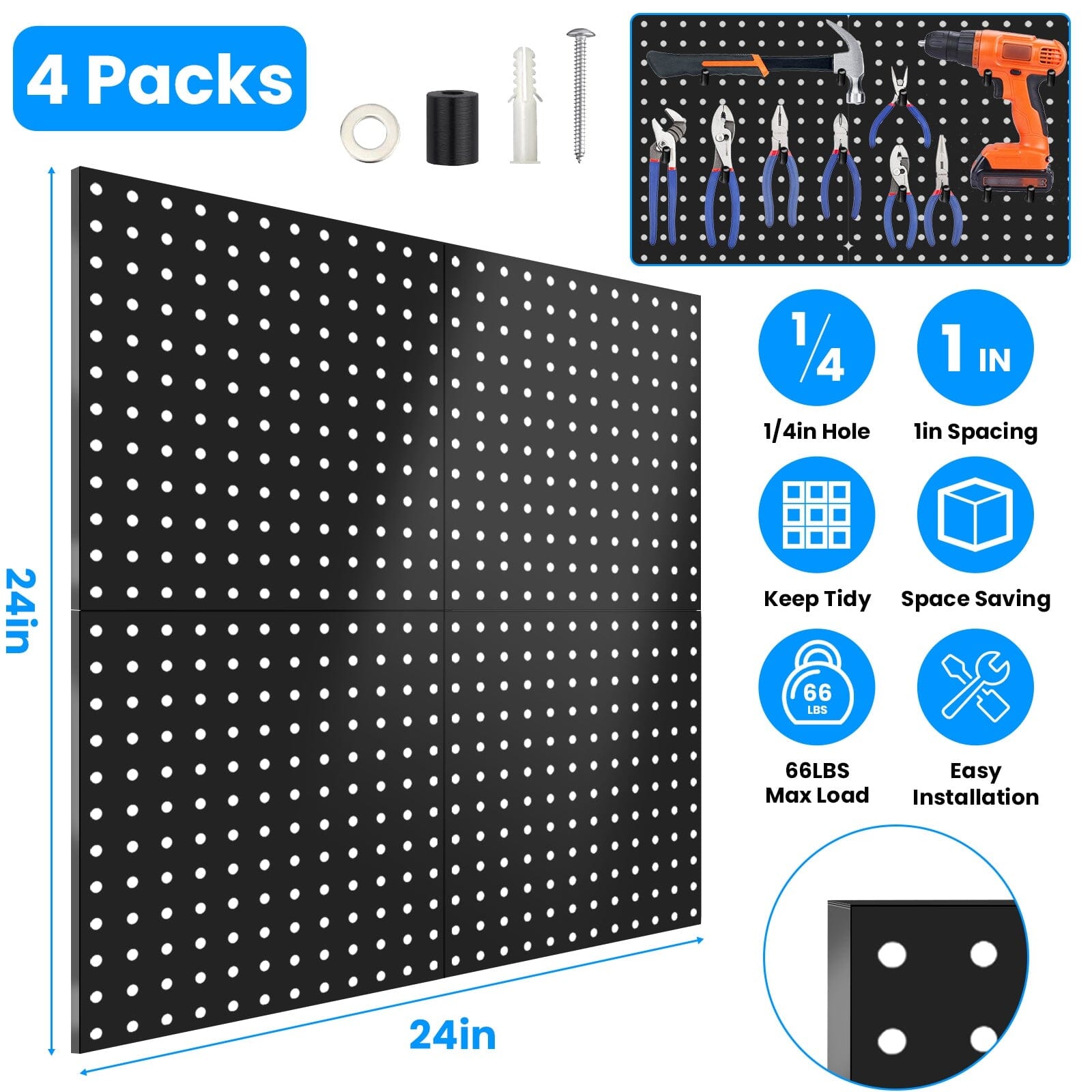 4-Pack: Metal Black Pegboard Wall Organizer with 1 Spacing 1/4 Hole Discount Eastbay