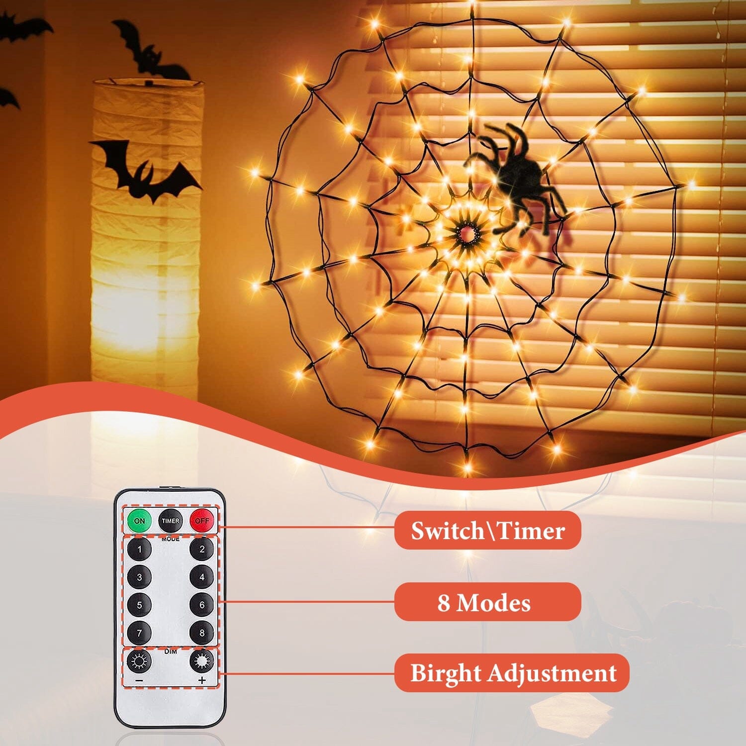 Spider Web Light with Hairy Spider 70LED Battery Powered Remote Control 8 Lighting Modes Free Shipping 2025