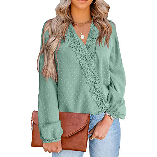 Women's V Neck Chiffon Lace Pom Pom Long Sleeve Top Clearance Official