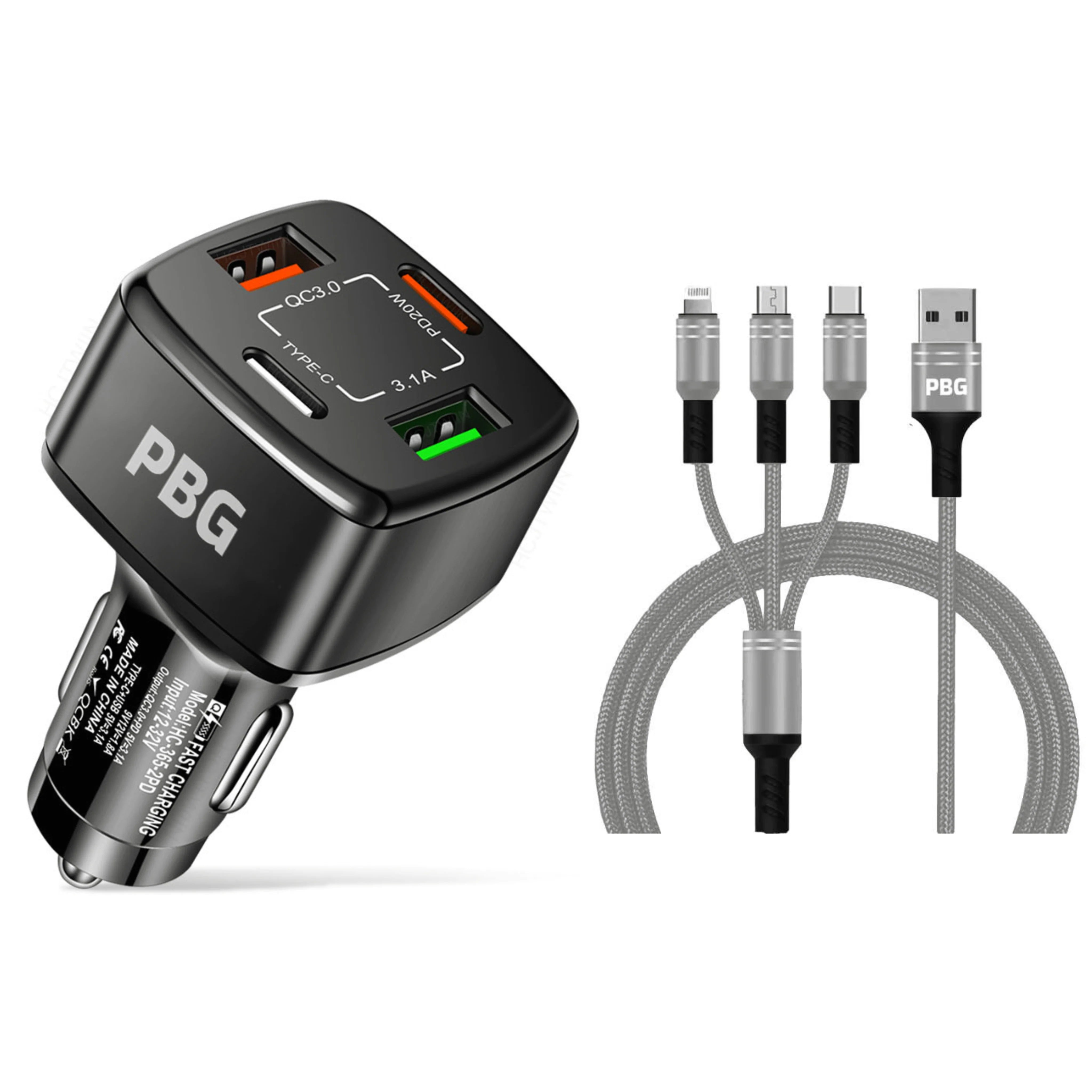 PBG Black 4 Port Car Charger and 4FT - 3 in 1 Nylon Cable Combo Explore Online