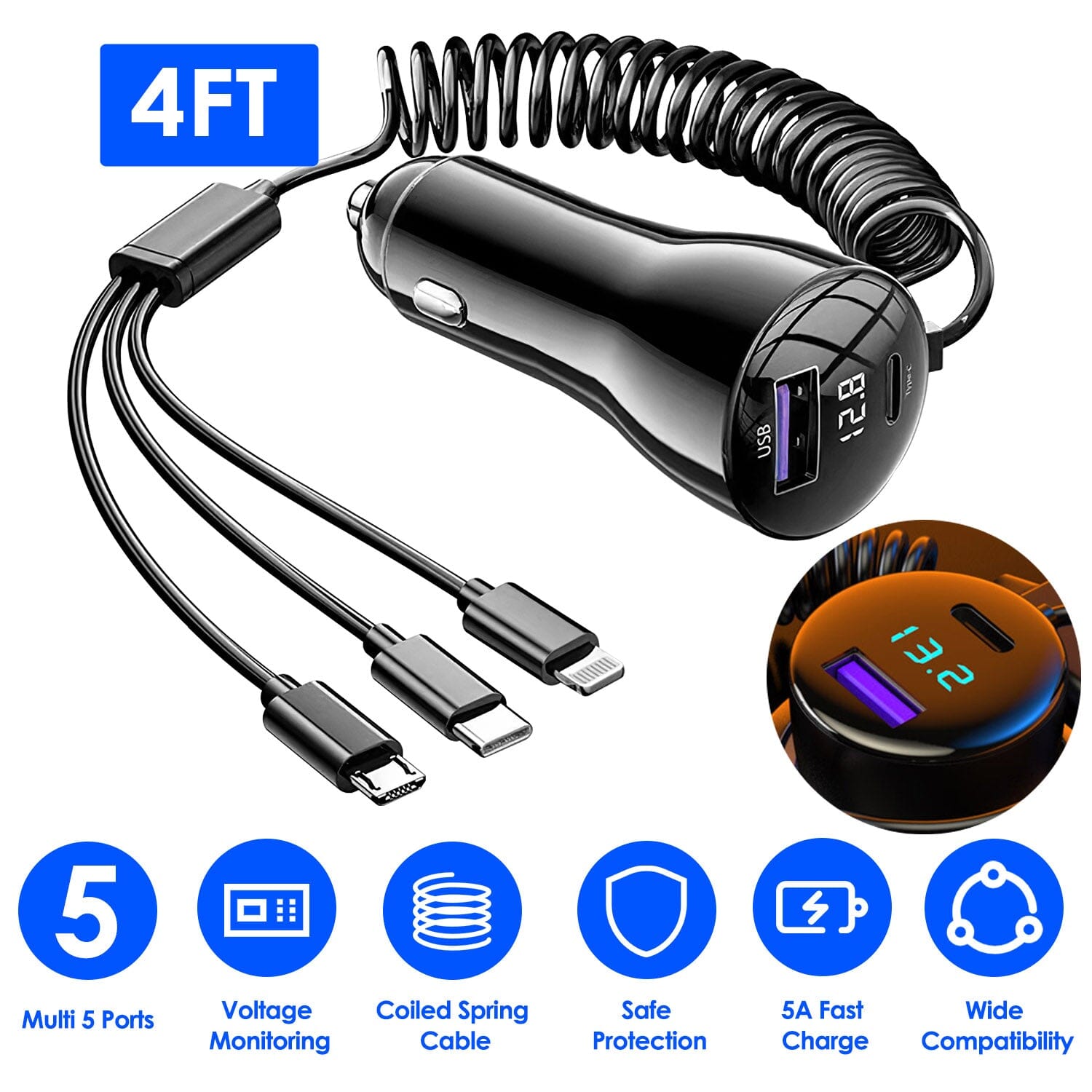 5-in-1 Fast Charge Car Charger QC PD USB Type C LT 5 Port with 4ft Coiled Cable Outlet Good Selling