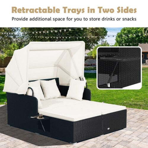 Patio Rattan Daybed with Retractable Canopy and Side Tables Finishline