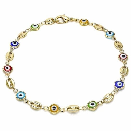 18k Women's Gold Filled High Polish Finish Mariner Marina- Multi-color Evil Eye Lobster Clasp Ankle Bracelet 10'' Inch Free Shipping Online