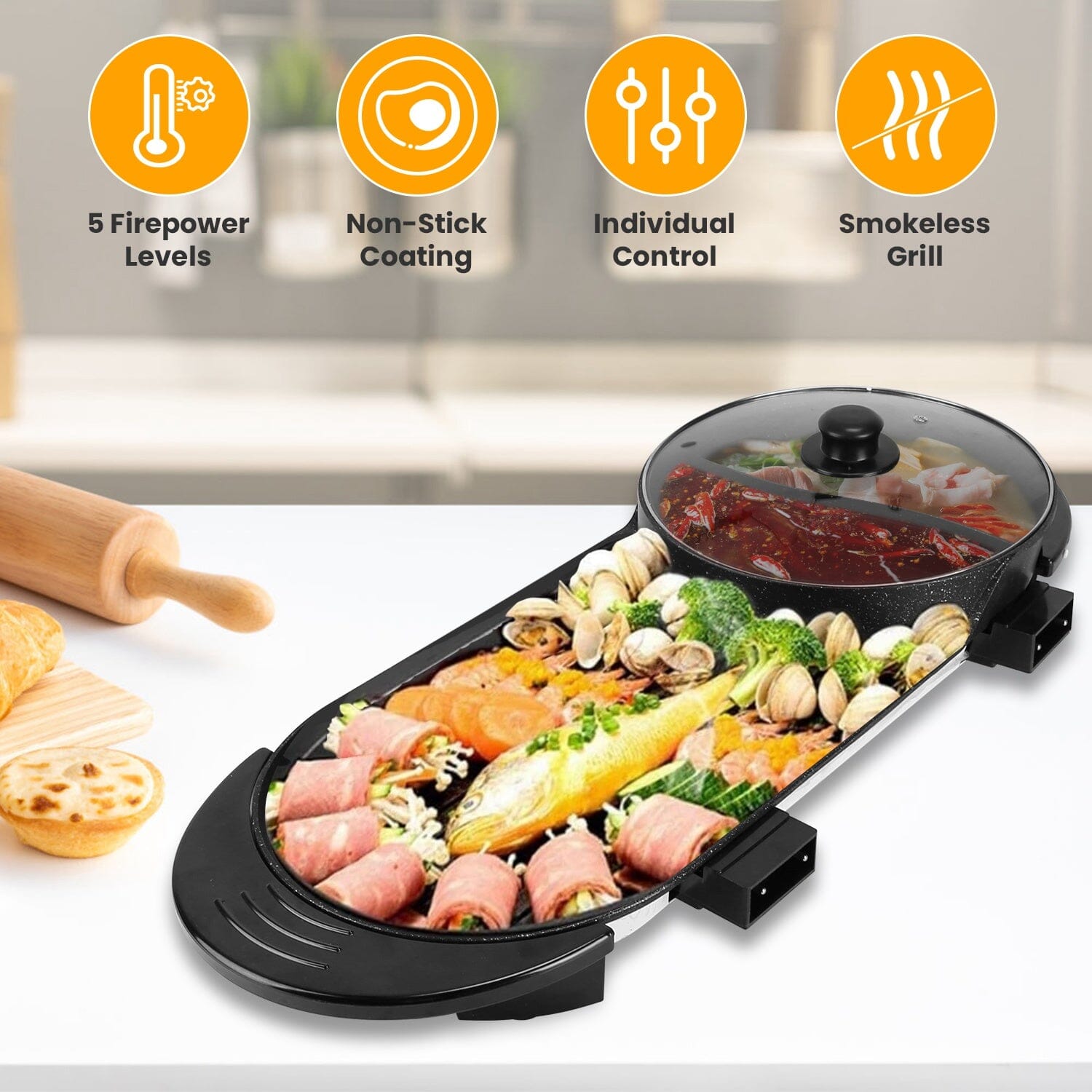 2-in-1 Electric Hot Pot with Bbq Grill Cooker 2200W Discount High Quality