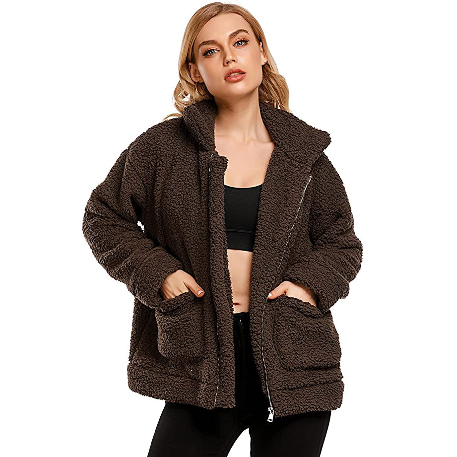 Women's Casual Lapel Fleece Fuzzy Faux Shearling Zipper Coat Outlet Brand New Unisex