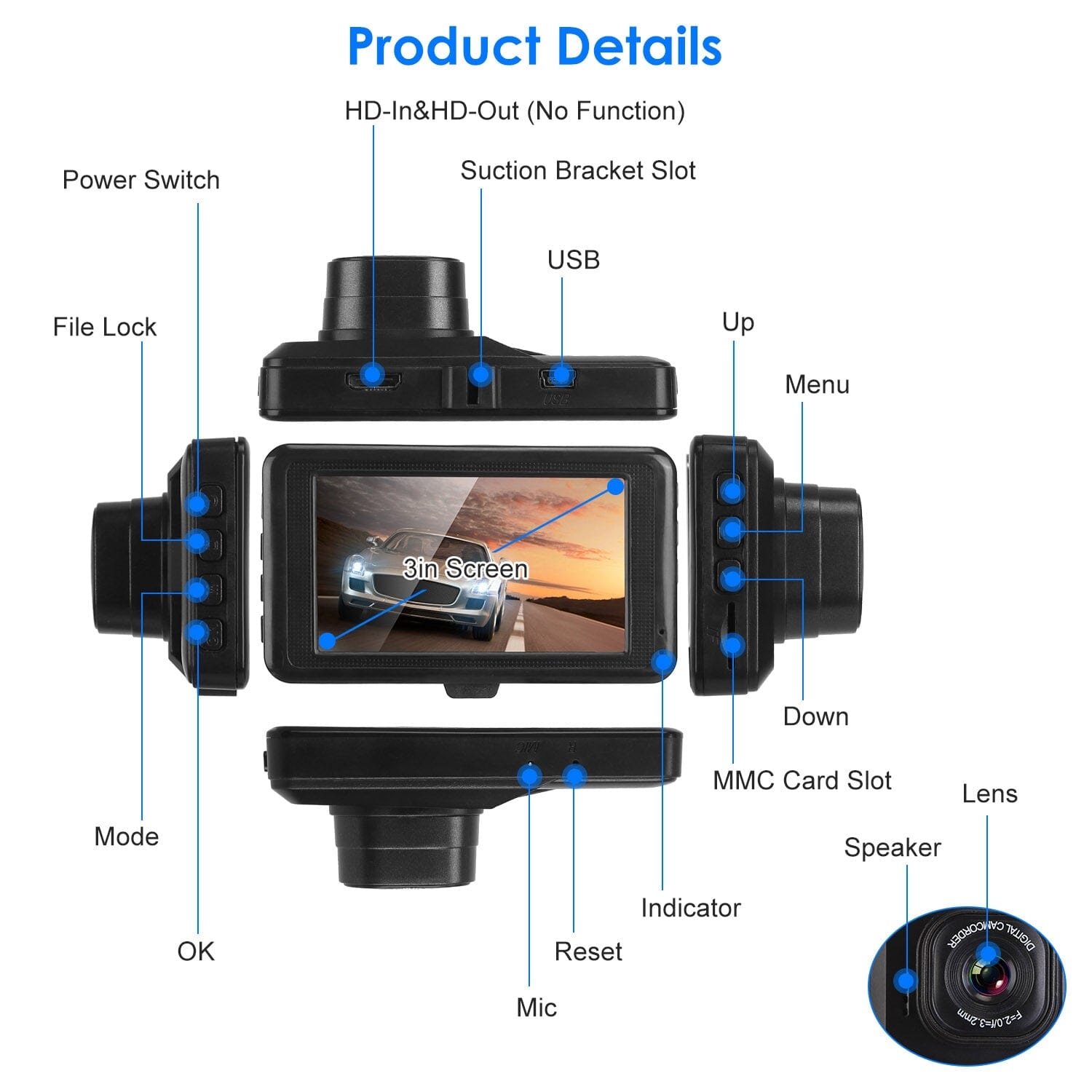 1080P Car DVR 3 Camera Dash Cam with 100° Angle Loop Recording Motion Detection Free Shipping Fashionable