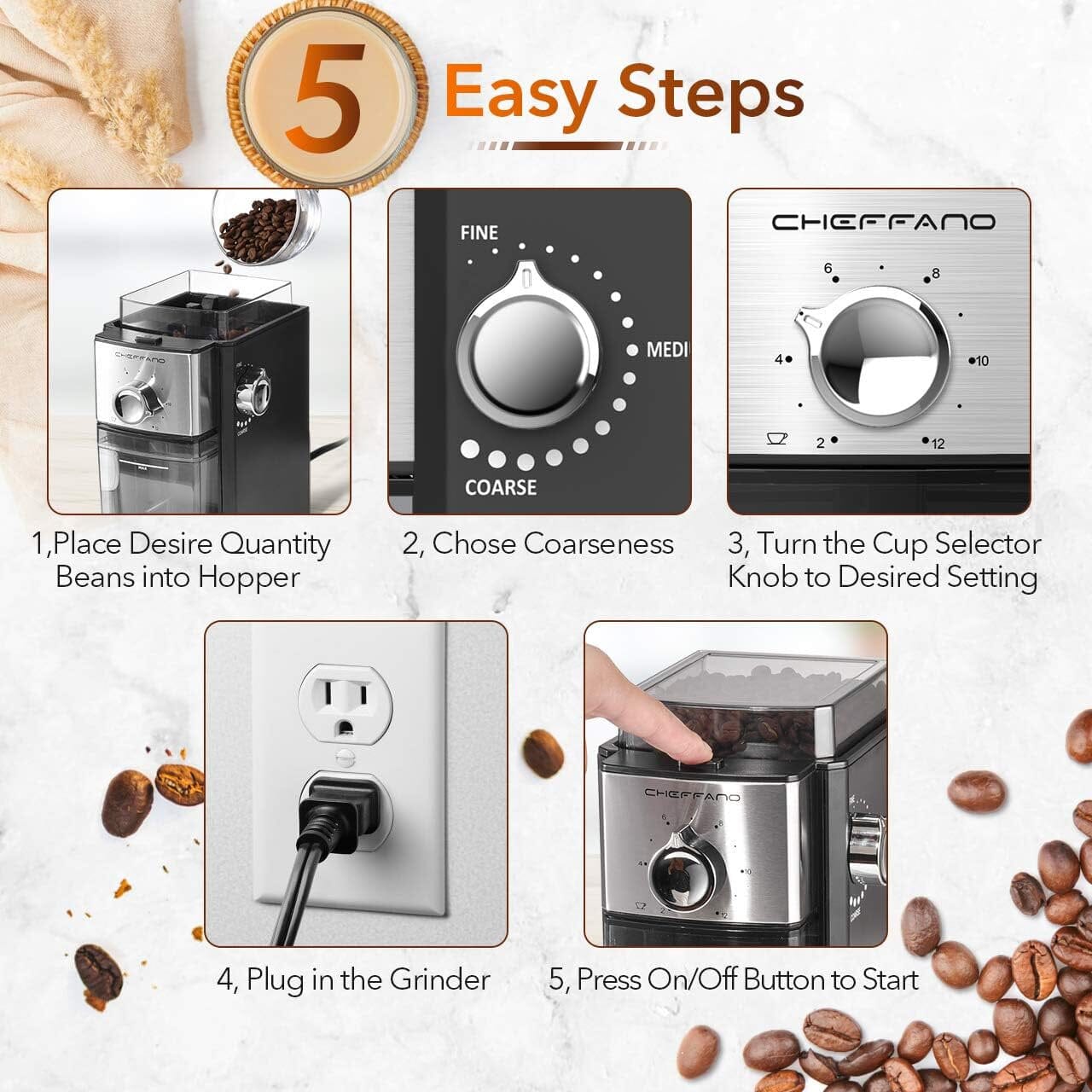 CHEFFANO BG701 Burr Coffee Grinder, Electric Coffee Bean Grinder [150W Max] with 8.8oz Large Bean Hopper & 17 Grinding Settings & High Up to 12 Cups Options for Espresso, French, (Black) New Online