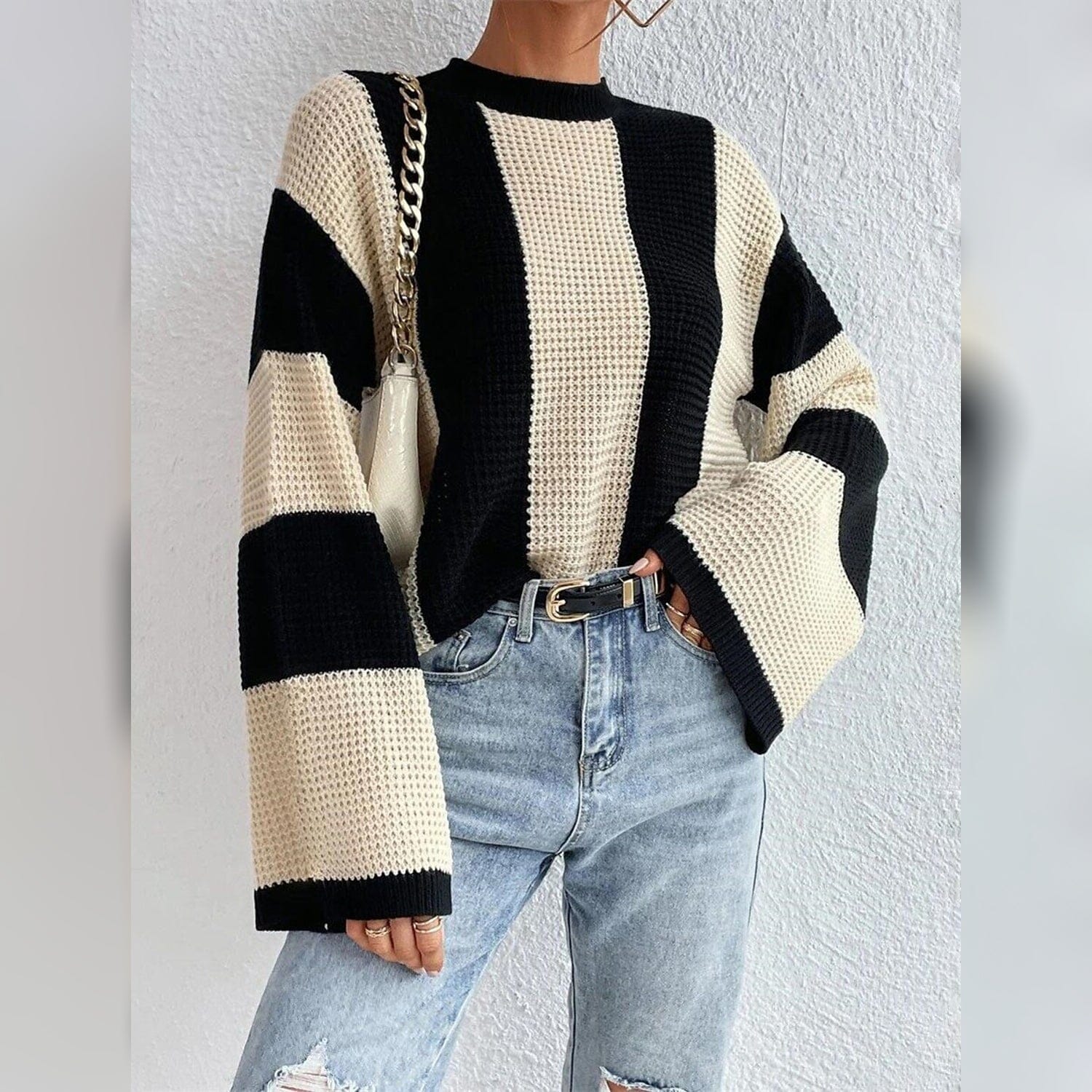 Women's Pullover Ribbed Knit Patchwork Striped Sweater Sale Low Cost