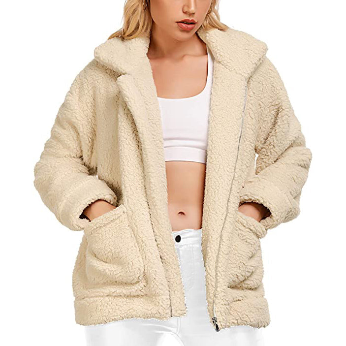 Women's Casual Lapel Fleece Fuzzy Faux Shearling Zipper Coat Outlet Brand New Unisex