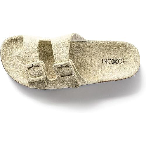 Roxoni Women Comfort Sandals Double Buckle Adjustable EVA Flat Slides Footbed Suede with Arch Support Non-Slip Real Cheap Online