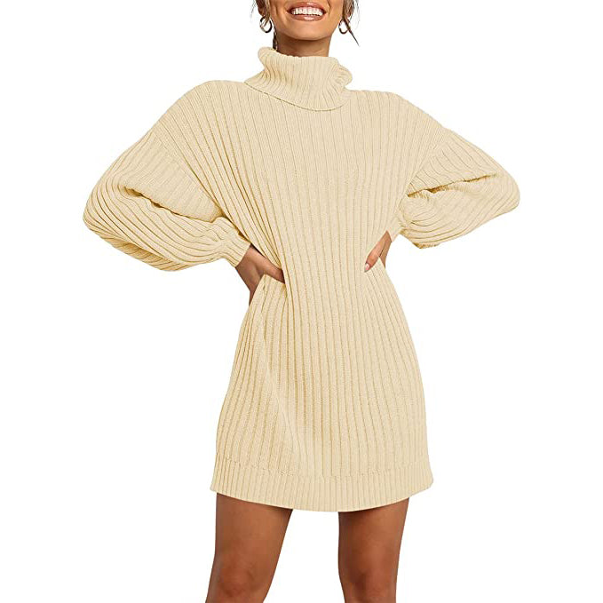 Women's Turtleneck Long Lantern Sleeve Casual Loose Oversized Sweater Dress Online