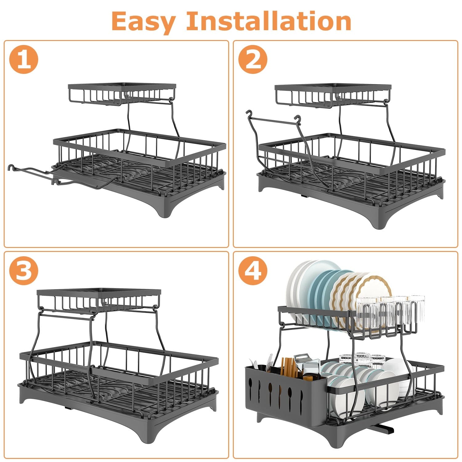 2-Tier Dish Rack Drainer Organizer Set with Utensil Cup Holder Rack Swivel Spout Outlet Discount Sale