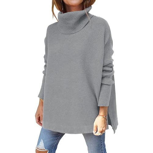 Women's Turtleneck Oversized Sweaters Long Batwing Sleeve Spilt Hem Tunic Free Shipping Low Cost