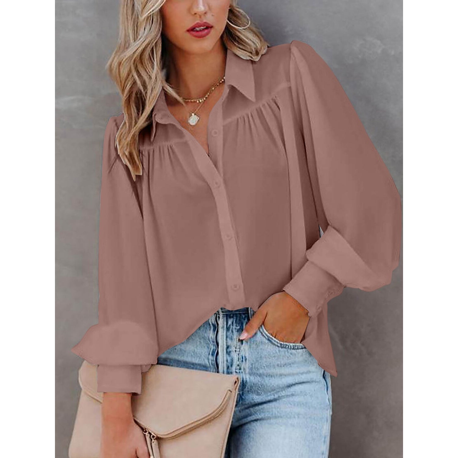 Womens Blouse Shirt Plain Button Long Sleeve Cheap Sale 100% Guaranteed