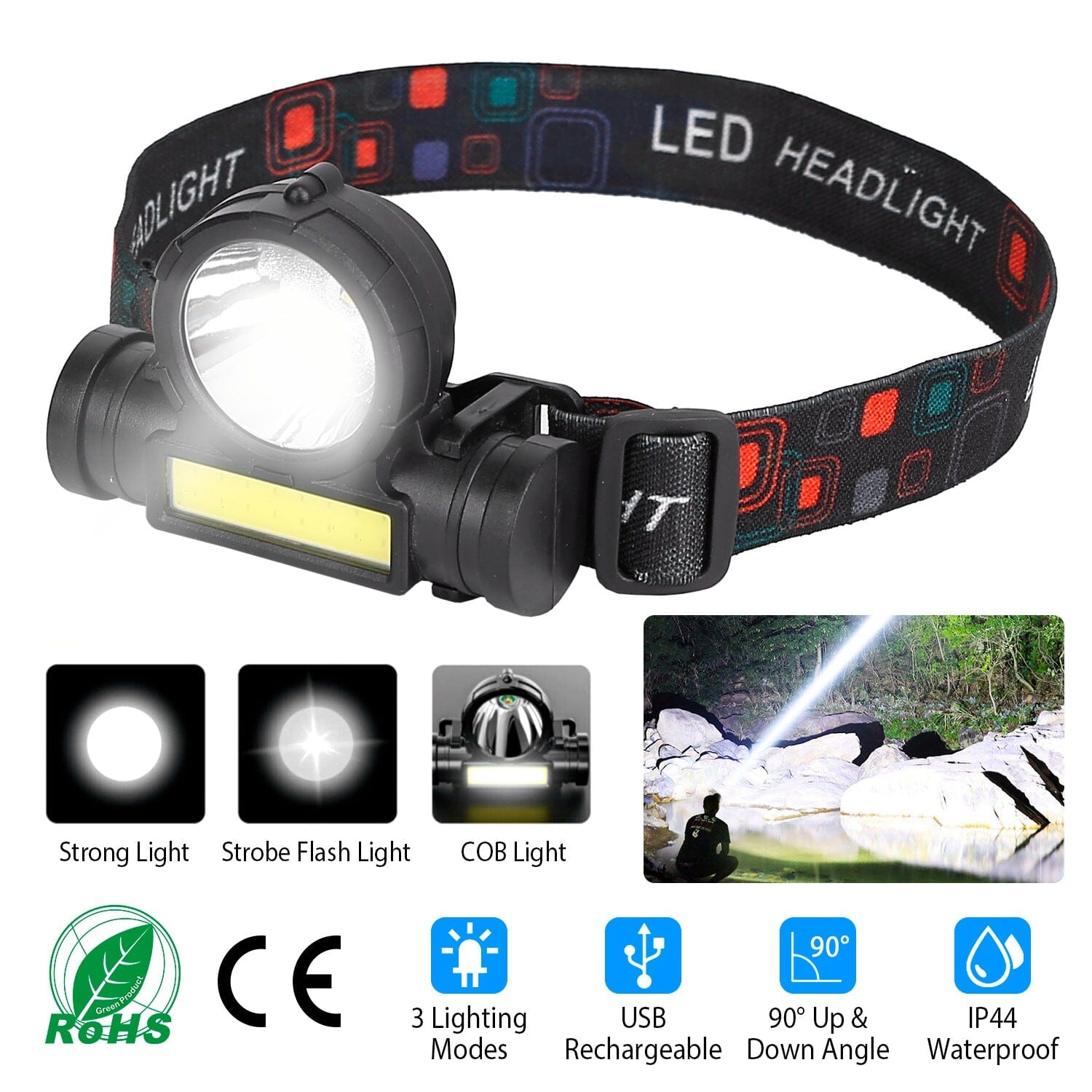 LED Headlight Super Bright Head Torch with 3 Lighting Modes The Cheapest For Sale