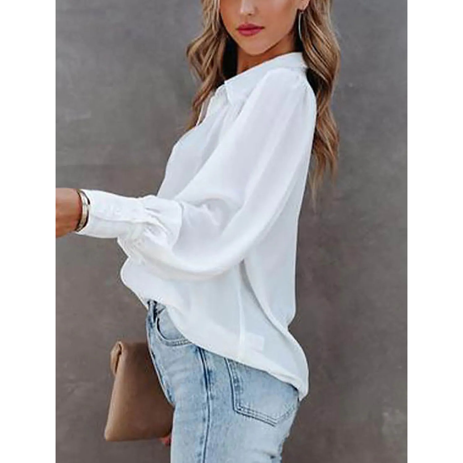 Womens Blouse Shirt Plain Button Long Sleeve Cheap Sale 100% Guaranteed