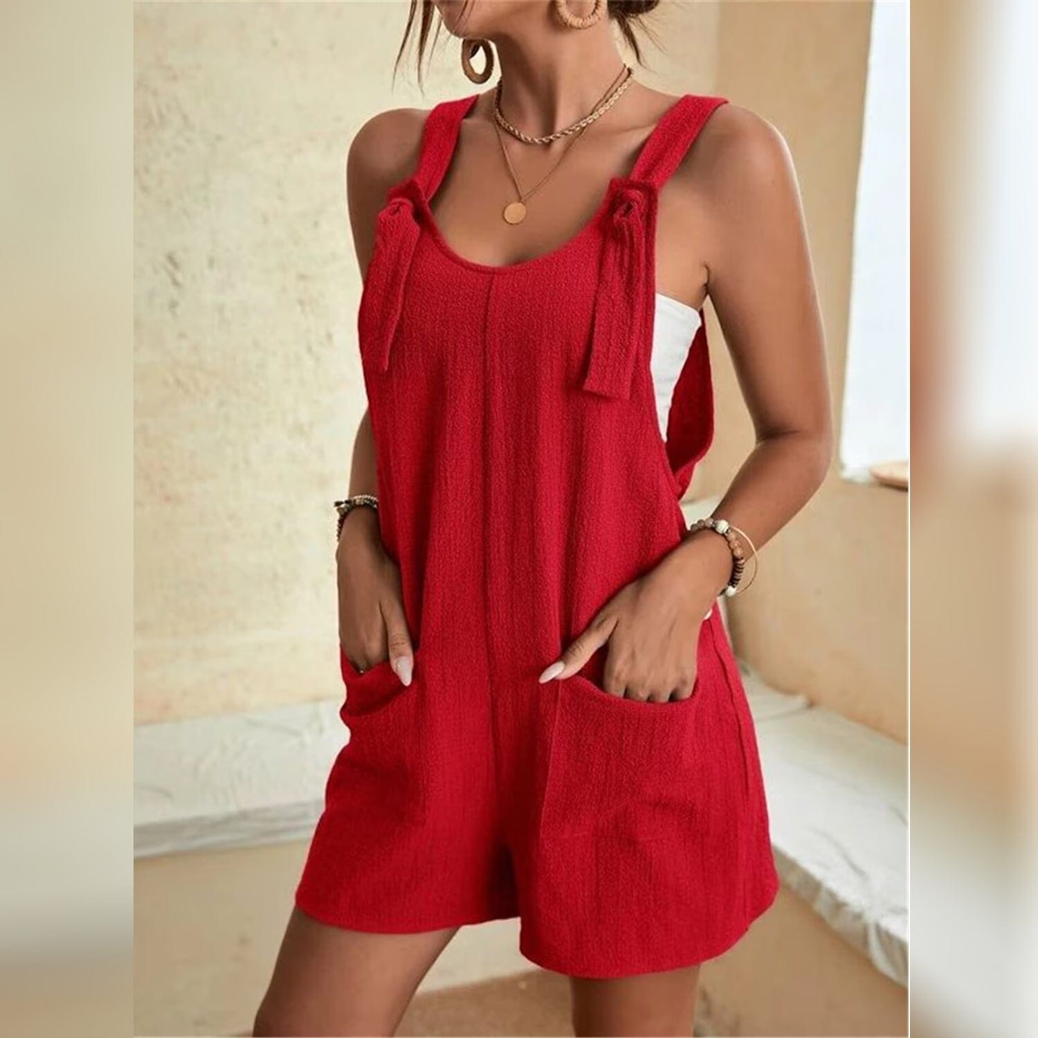 Women's U-Neck Strap Pocket Jumpsuit Solid Color Buy Cheap With Mastercard