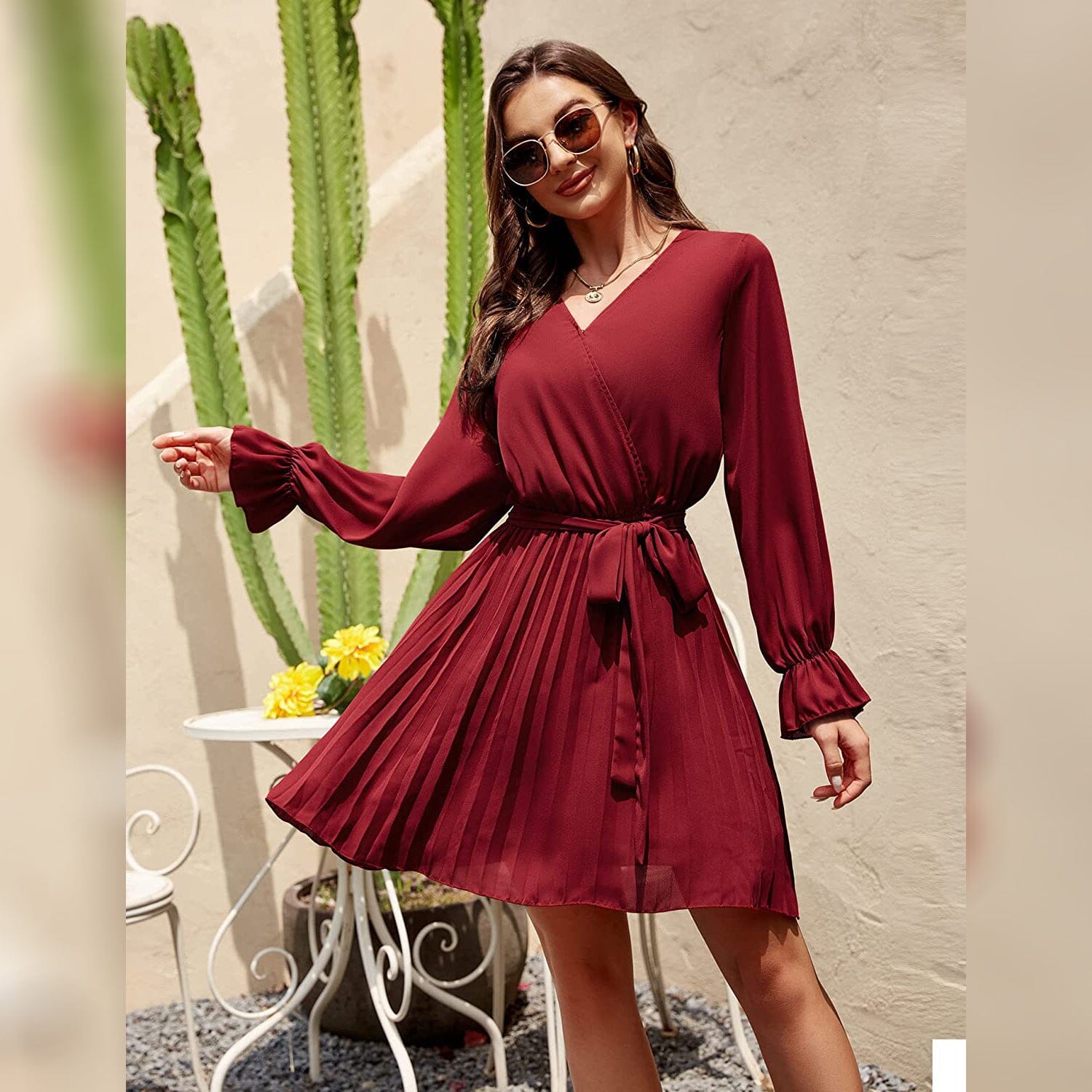 Womens Wrap V Neck Pleated Long Sleeve Mini Dresses Buy Cheap For Nice