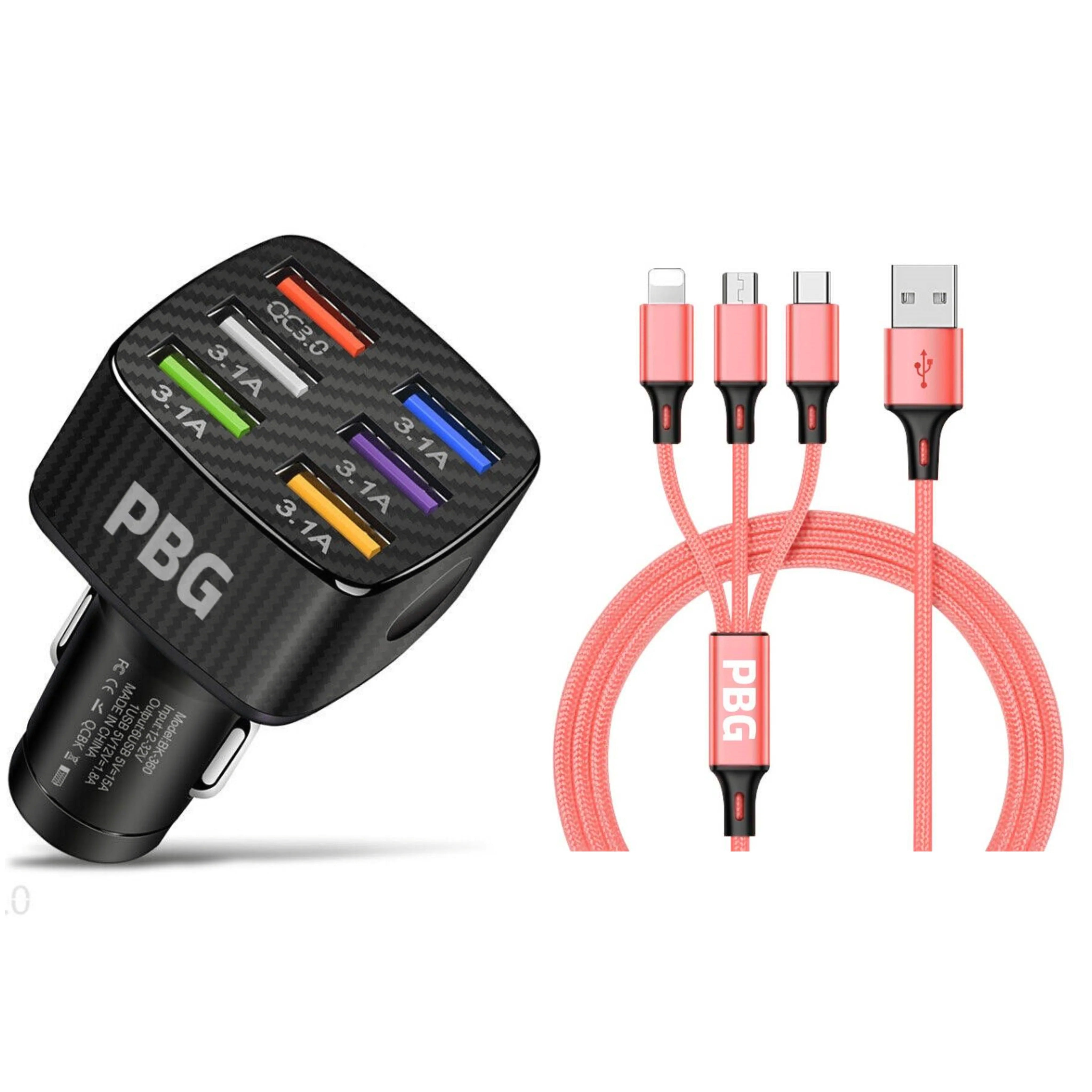 PBG Black LED 6 Port Car Charger and 4FT- 3 In 1 Cable Combo Buy Cheap 2025