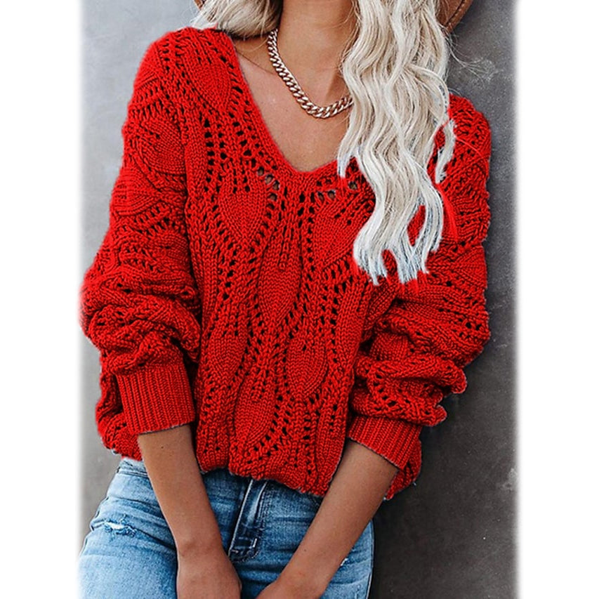 Women's Crochet Hollow Out Knitted V Neck Sweater On Hot Sale