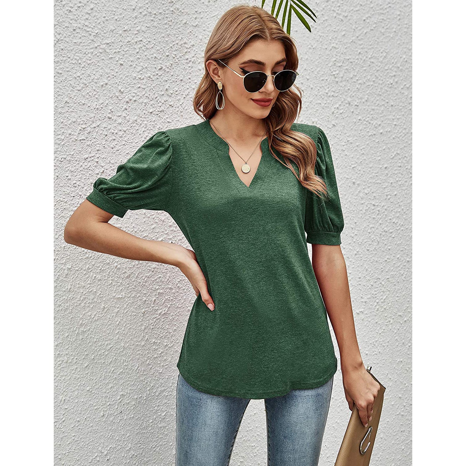 Romanstii Women Casual V-neck T-Shirts Loose Puff Short Free Shipping Cheap Online