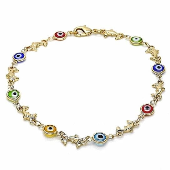 18k Women's Gold Filled High Polish Finish Dolphin Multi-color Evil Eye Lobster Clasp Ankle Bracelet 10'' Inch Cheap Sale Visit New