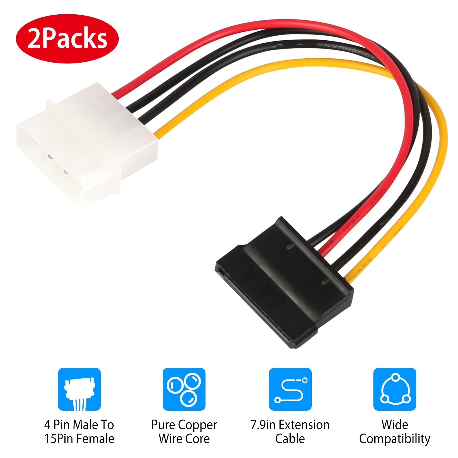 2-Pack: 4 Pin Male To 15Pin Female Data Cable Adapter Outlet Extremely