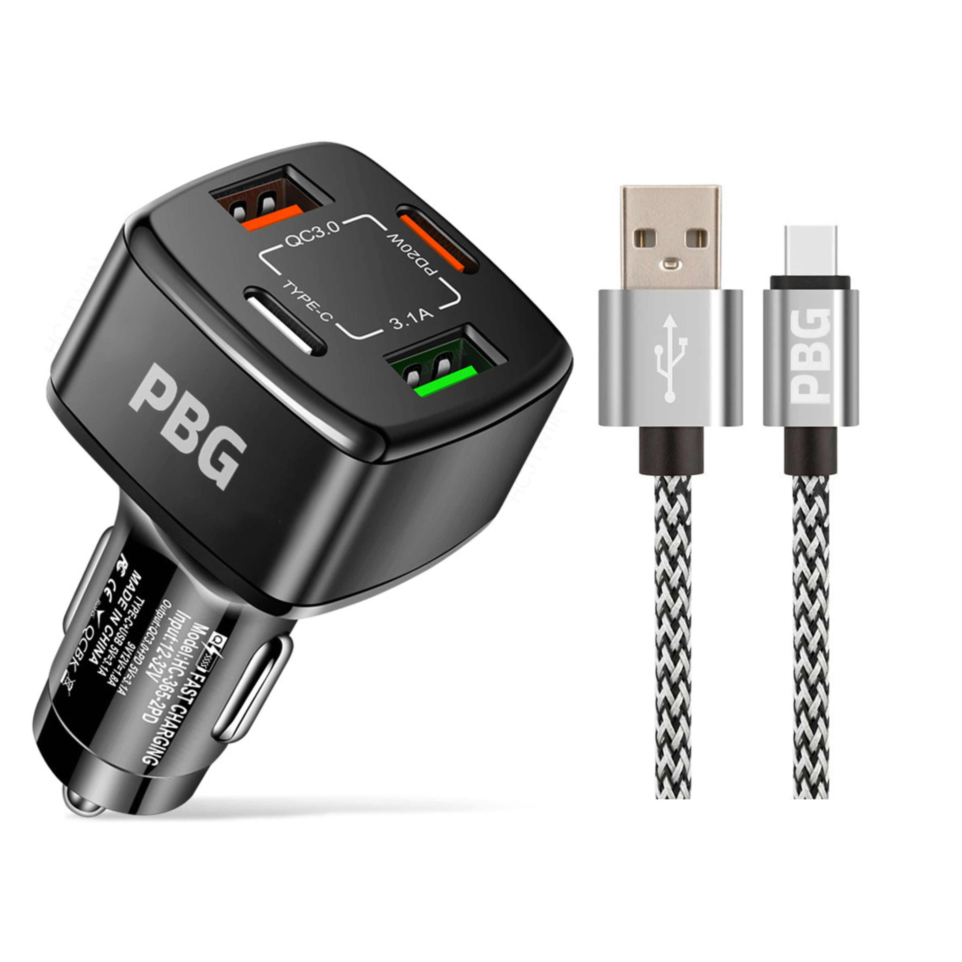 PBG 4-Port PD/USB Car Charger and 10FT Zebra Style Lightning Cable Bundle Cheap Pice Discount Authentic