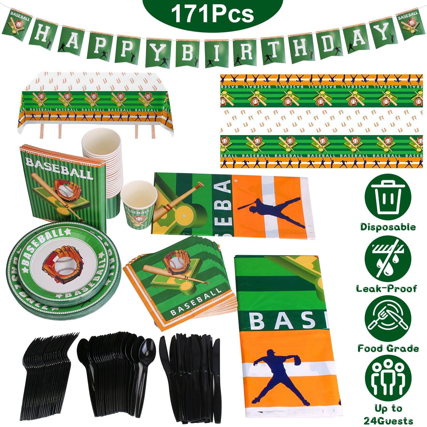 171-Pieces: Baseball Birthday Party Disposable Dinnerware Set Clearance Great Deals