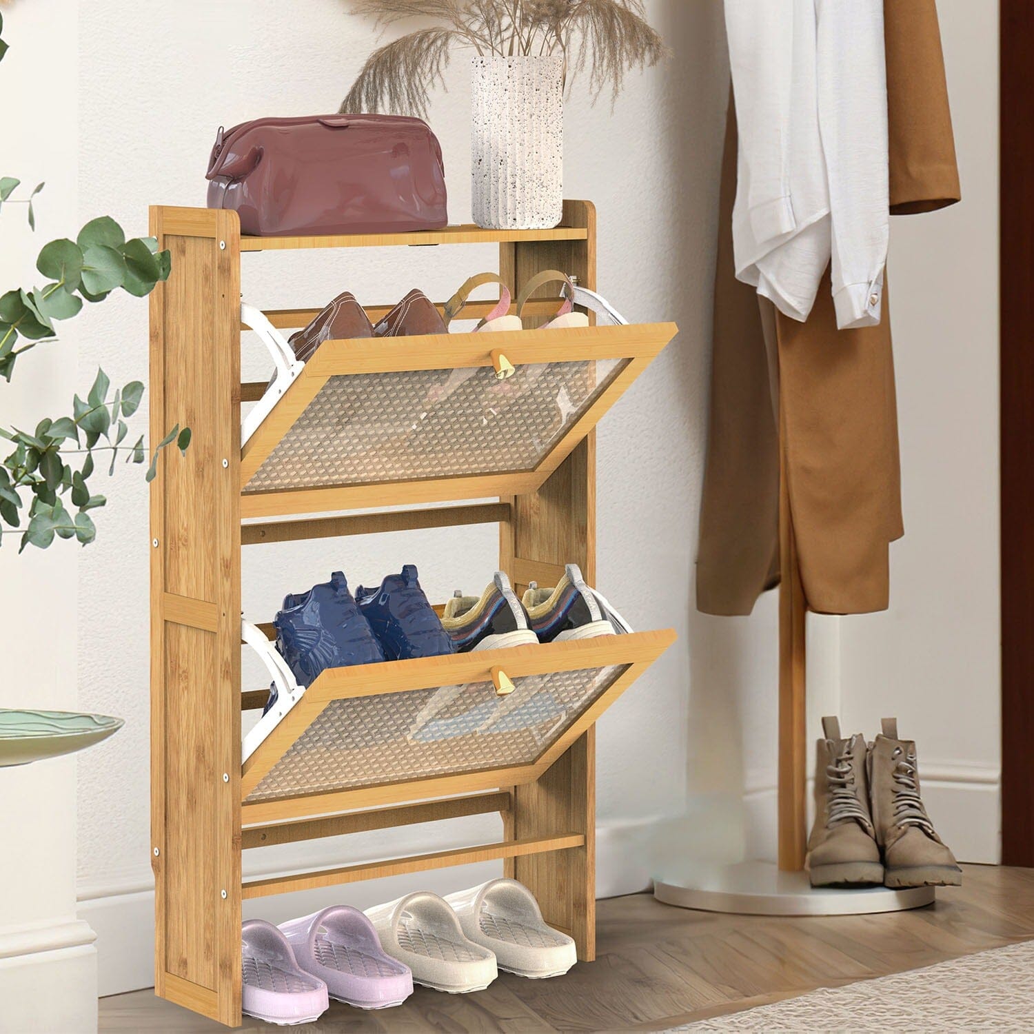 2-Tier Shoe Cabinet with 2 Flip Drawers Slim Bamboo Rack Narrow Shoe Organizer Largest Supplier For Sale