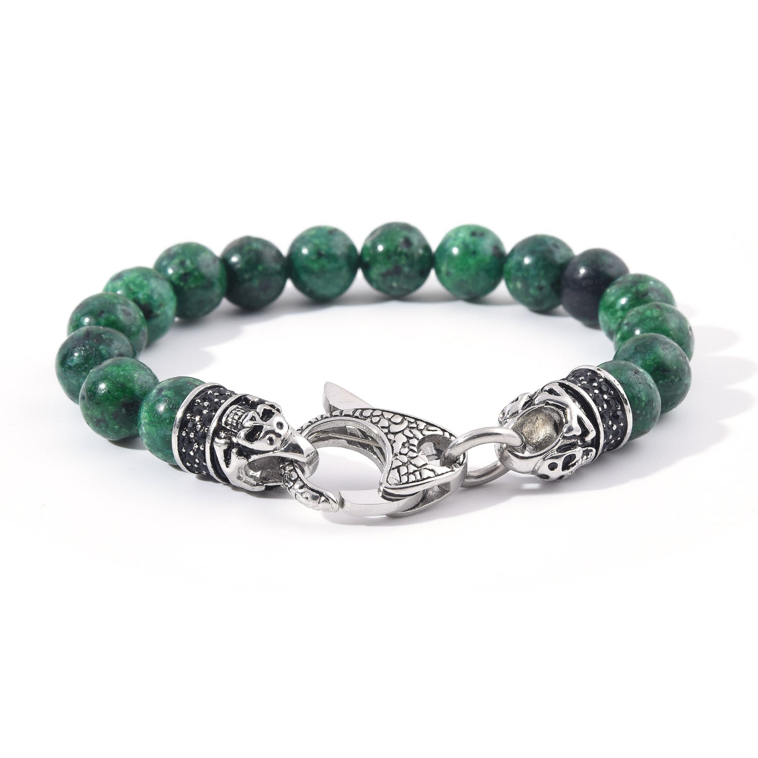 Genuine Indian Green Agate Stainless Steel Beaded Bracelet Black Cubic Zirconia Authentic