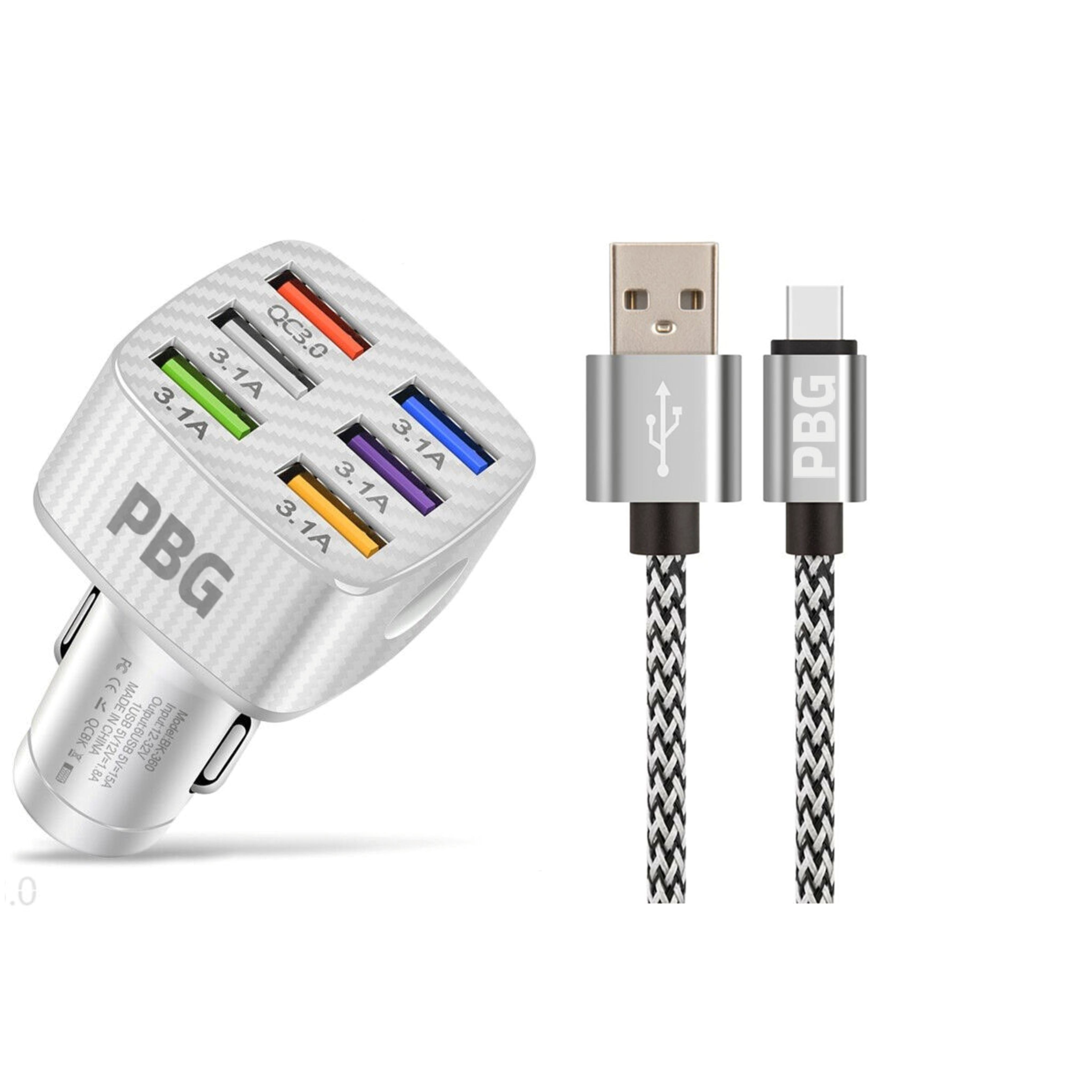 PBG LED 6-Port Car Charger and 10FT XL Zebra Lightning Cable Combo Low Pice Fee Shipping